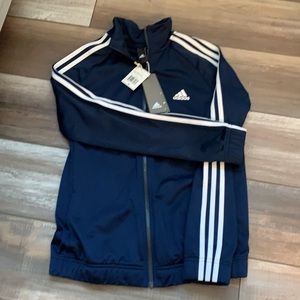 Adidas navy with white stripe zipper track top NWT